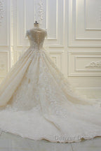 Long Ball Gowns Beading Bateau Appliques Lace Wedding Dresses with Sleeves