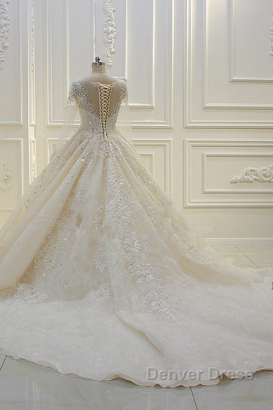 Long Ball Gowns Beading Bateau Appliques Lace Wedding Dresses with Sleeves
