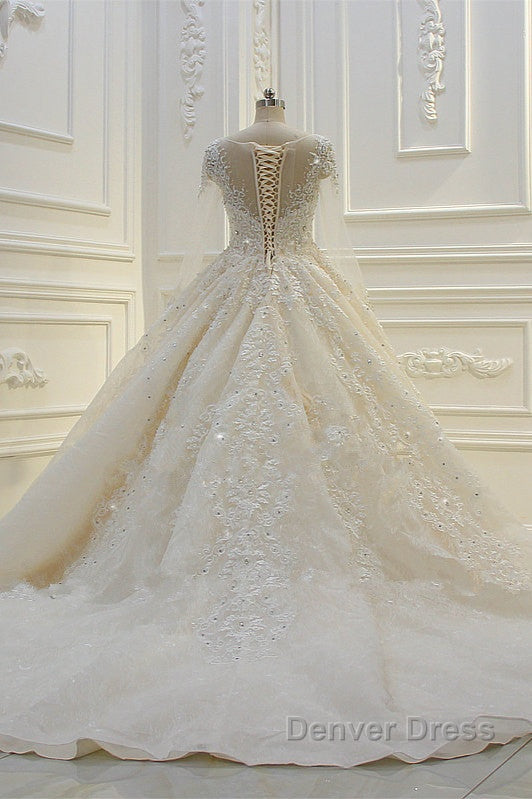 Long Ball Gown Beading Bateau Appliques Lace Wedding Dresses with Sleeves