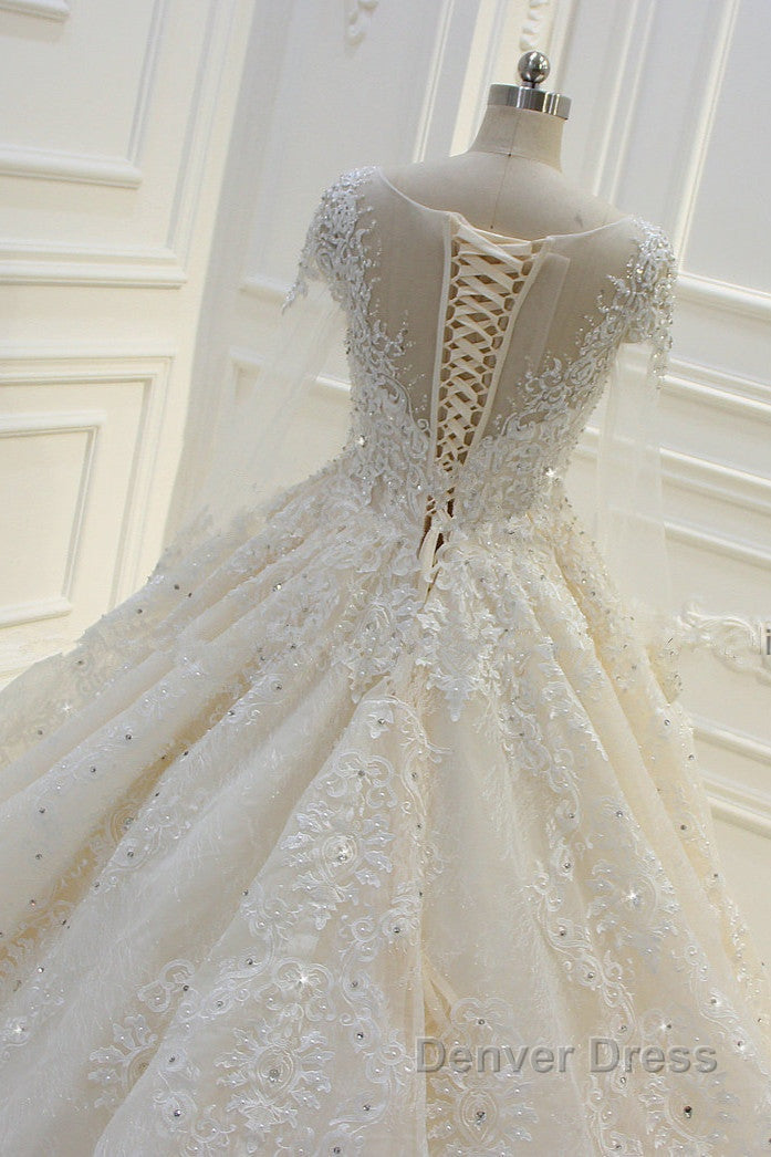 Long Ball Gowns Beading Bateau Appliques Lace Wedding Dresses with Sleeves