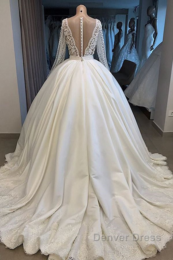 Long Ball Gown Satin V-neck Wedding Dresses with Sleeves