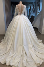 Long Ball Gowns Satin V Neck Wedding Dresses with Sleeves