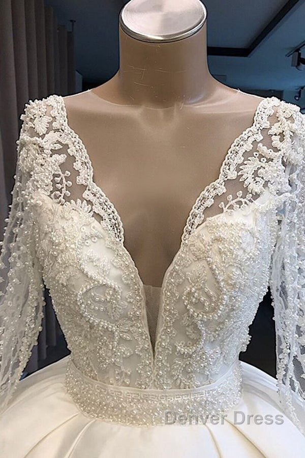 Long Ball Gowns Satin V Neck Wedding Dresses with Sleeves