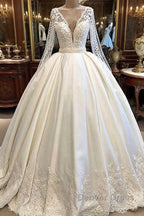 Long Ball Gown Satin V-neck Wedding Dresses with Sleeves