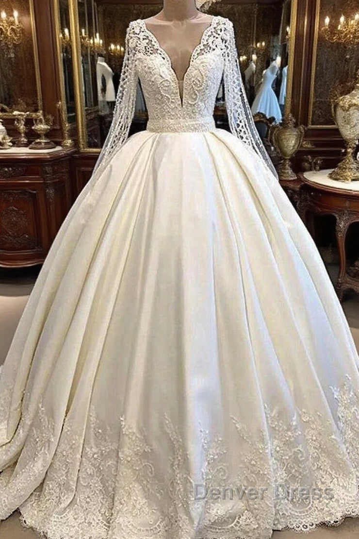 Long Ball Gowns Satin V Neck Wedding Dresses with Sleeves