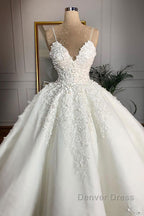 Long Ball Gown Spaghetti Strap Appliques Lace Satin Wedding Dresses