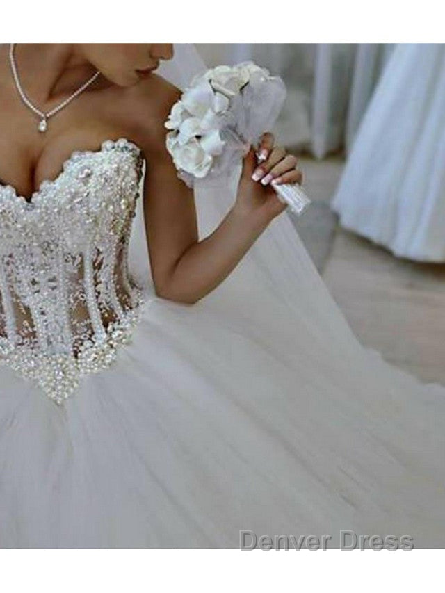 Long Ball Gowns Strapless Lace Tulle Wedding Dresses