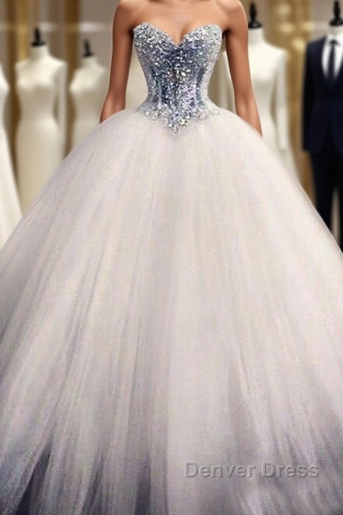 Long Ball Gowns Strapless Lace Tulle Wedding Dresses