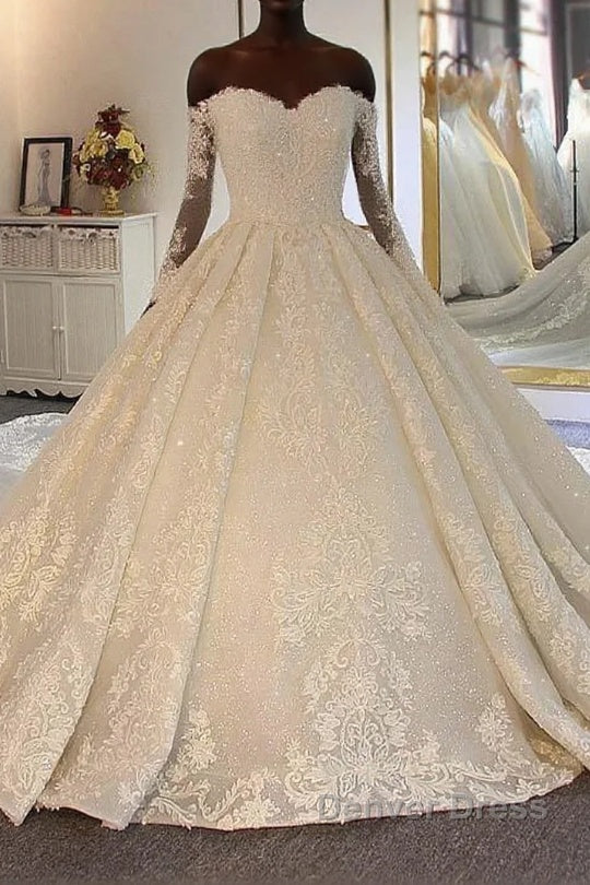 Long Ball Gown Sweetheart Lace Beading Wedding Dresses with Sleeves