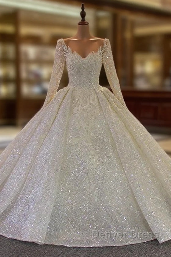 Long Ball Gowns V Neck Sequins Wedding Dresses with Sleeves