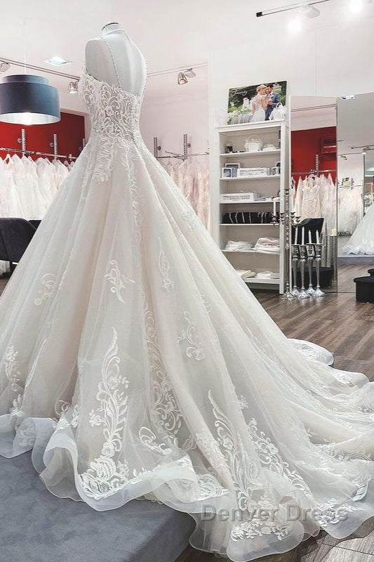 Long Ball Gowns V Neck Spaghetti Straps Tulle Lace Wedding Dresses