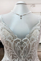 Long Ball Gown V-neck Spaghetti Straps Tulle Lace Wedding Dresses