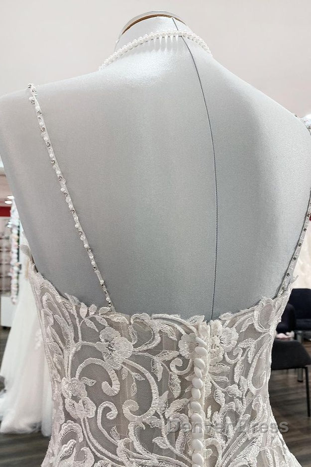 Long Ball Gown V-neck Spaghetti Straps Tulle Lace Wedding Dresses