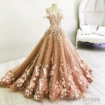 Long Champagne Prom Dress Lace Embroidery Off Shoulder Tulle Ball Gown Wedding Dresses