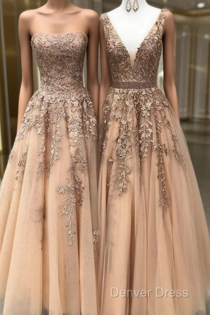 Long Champagne Prom Dresses Sexy V Neck Strapless A Line Appliques Formal Party Dresses Main image