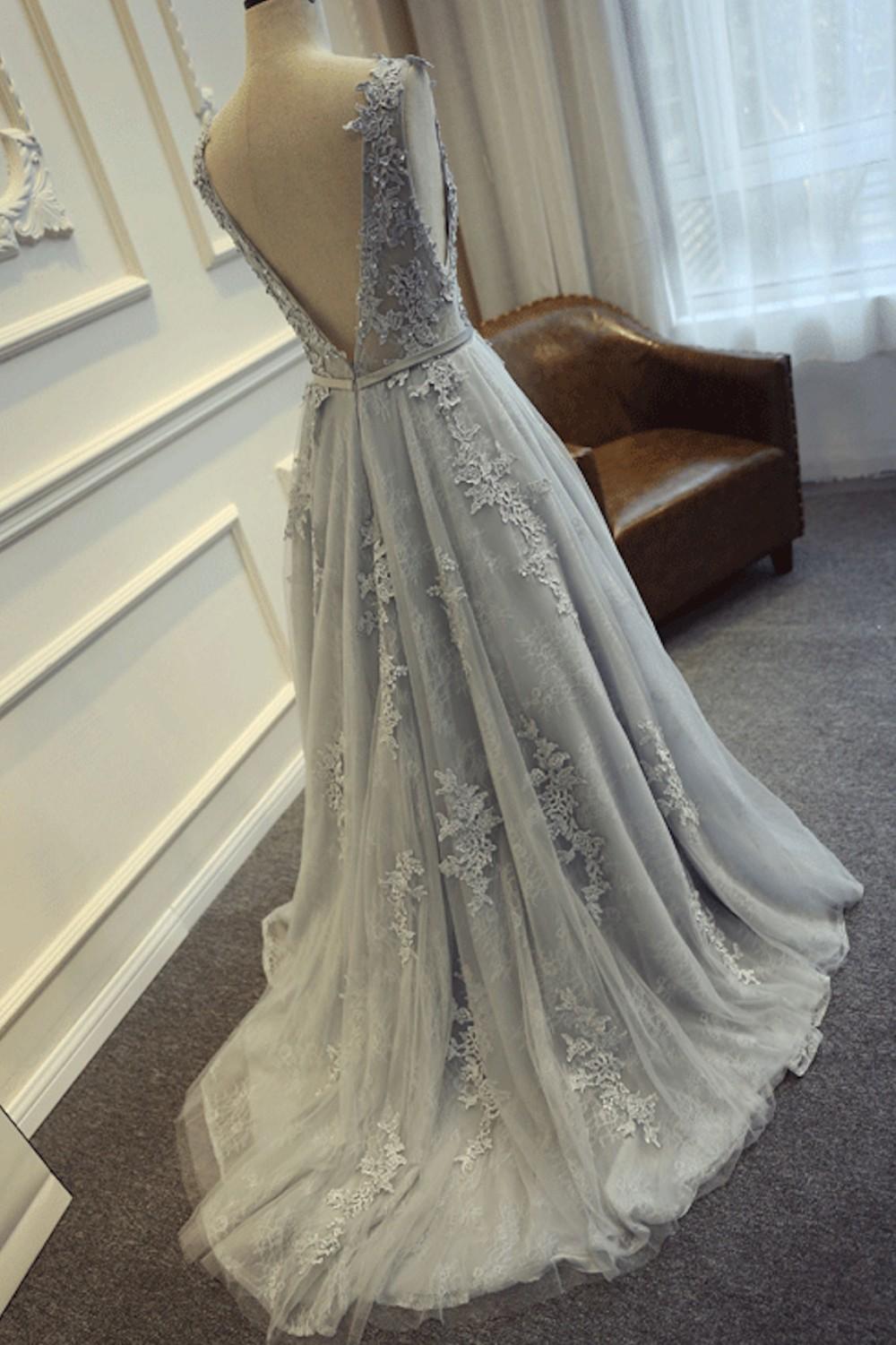 Long Custom Gray V-Back Scoop Tulle With Lace Appliques Party Prom Dresses Secondary image