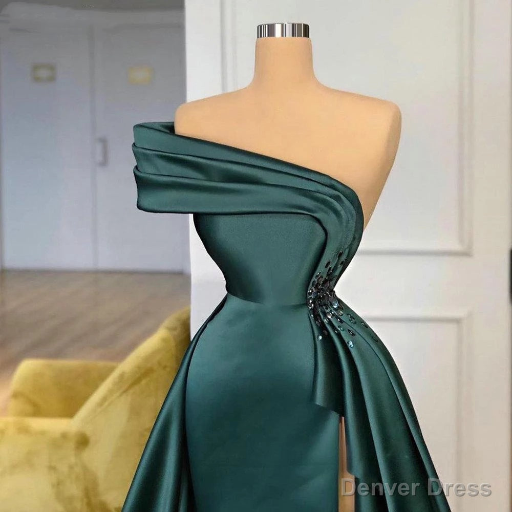Charming Dark Green Puffy Sleeves Long Evening Gown, Satin Floor Length Prom Dress main image 1