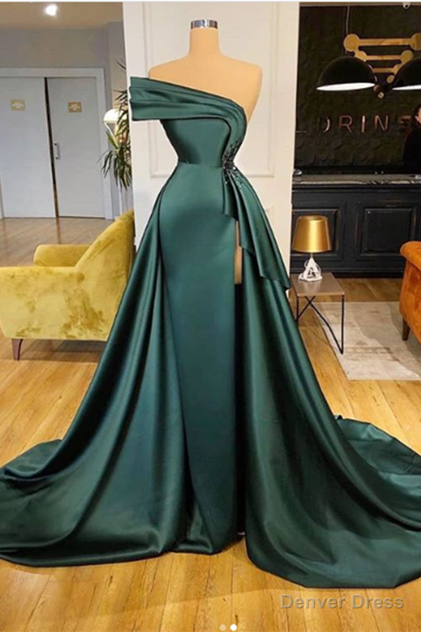 Long Dark Green Satin Prom Dresses Elegant Split Prom Gown Main image