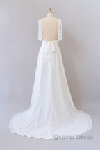 Long Empire A-line V-neck Lace Chiffon Open Back Wedding Dresses
