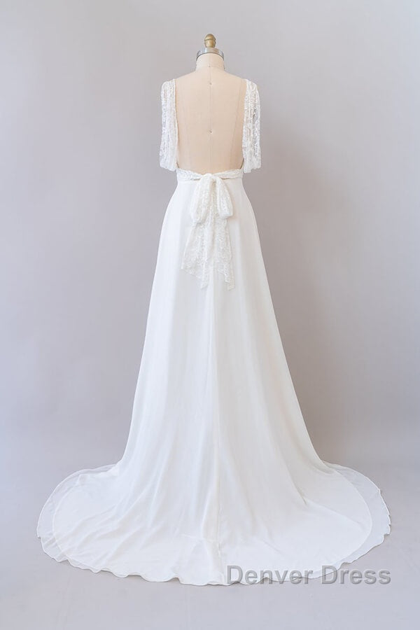 Long Empire A Line V Neck Lace Chiffon Open Back Wedding Dresses