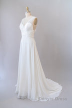 Long Empire A-line V-neck Lace Chiffon Open Back Wedding Dresses