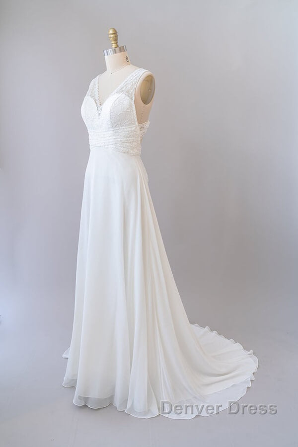Long Empire A-line V-neck Lace Chiffon Open Back Wedding Dresses