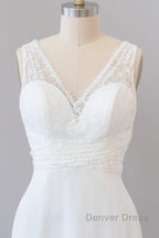 Long Empire A Line V Neck Lace Chiffon Open Back Wedding Dresses