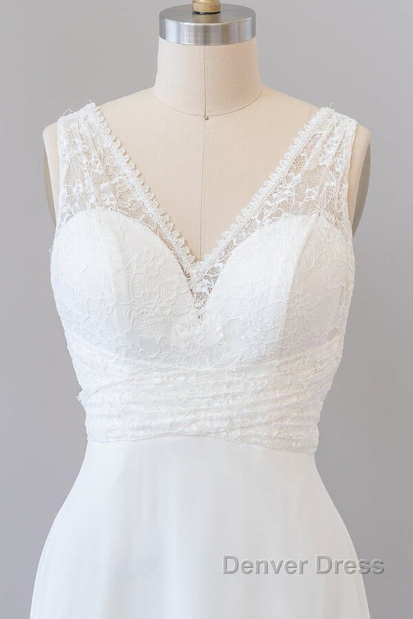 Long Empire A Line V Neck Lace Chiffon Open Back Wedding Dresses