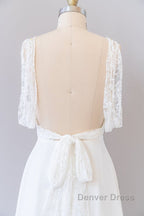 Long Empire A Line V Neck Lace Chiffon Open Back Wedding Dresses