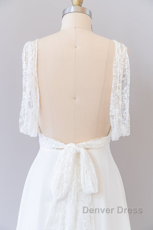Long Empire A Line V Neck Lace Chiffon Open Back Wedding Dresses