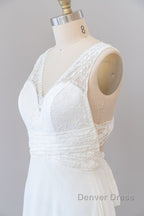 Long Empire A Line V Neck Lace Chiffon Open Back Wedding Dresses