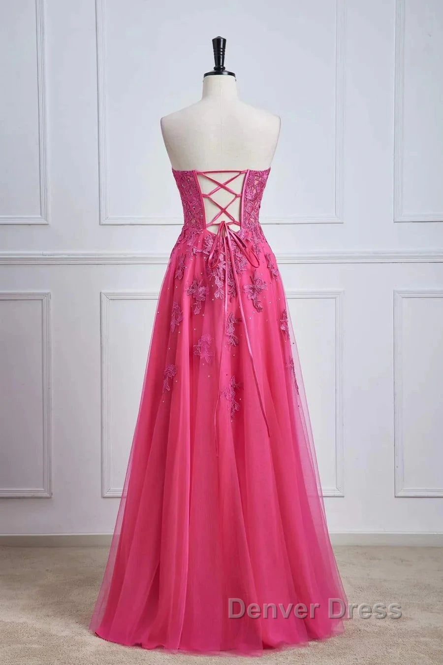 Long Fuchsia Prom Dresses Strapless A-Line Floral Formal Wear Slit