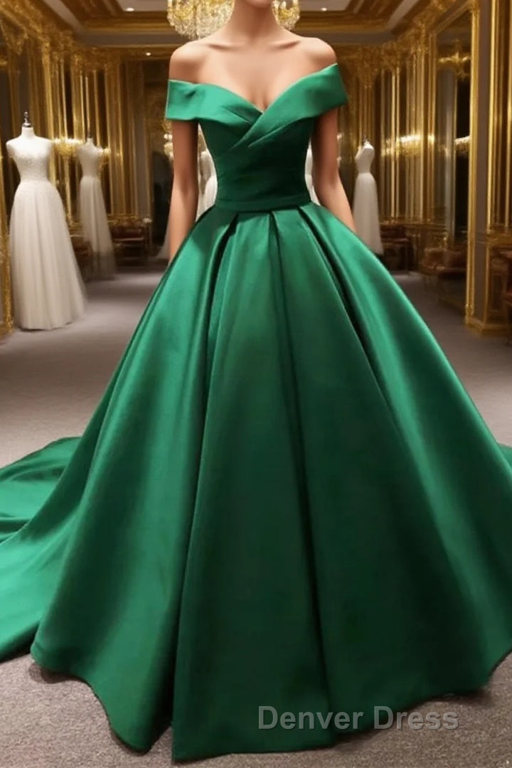 Long Green Satin V-neck Ball Gowns Prom Dresses Off The Shoulder Main image