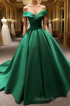 Long Green Satin V-neck Ball Gowns Prom Dresses Off The Shoulder