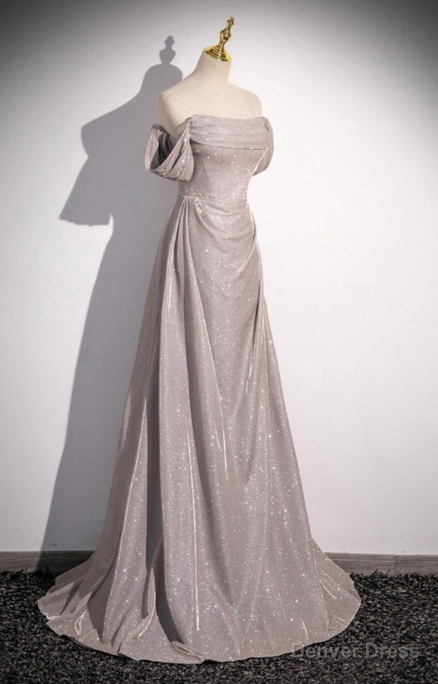 Long Grey Shiny Simple Prom Dresses with Off Shoulder Straps Secondary image