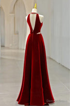 Long Halter V Neck Velvet Burgundy Prom Dresses with Beading