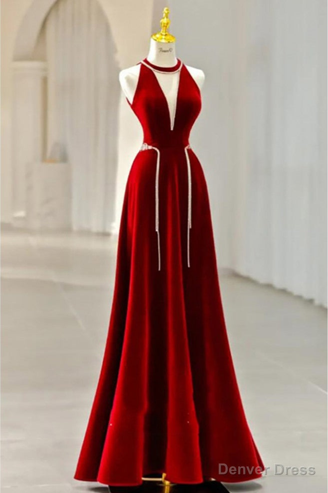 Long Halter V Neck Velvet Burgundy Prom Dresses with Beading Main image