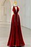 Long Halter V Neck Velvet Burgundy Prom Dresses with Beading
