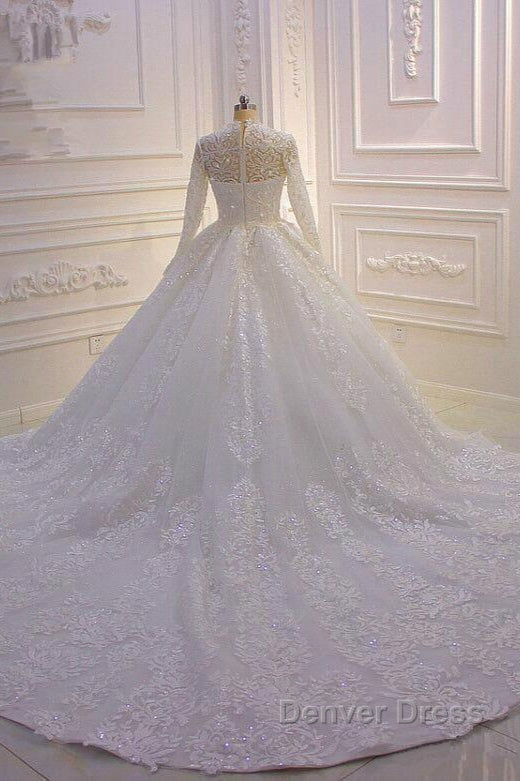 Long High neck Appliques Lace Ball Gowns Wedding Dresses with Sleeves
