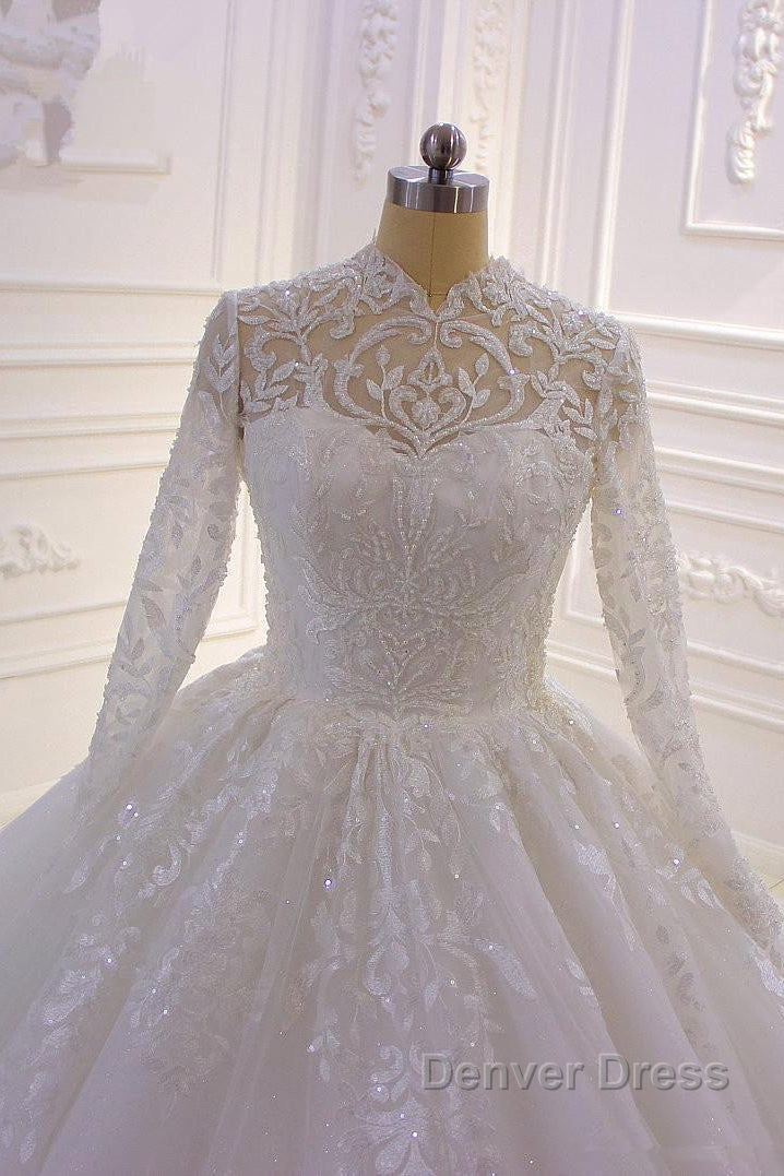 Long High neck Appliques Lace Ball Gown Wedding Dresses with Sleeves