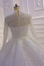 Long High neck Appliques Lace Ball Gown Wedding Dresses with Sleeves