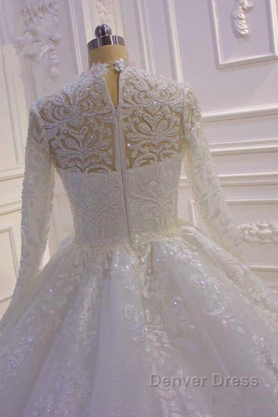 Long High neck Appliques Lace Ball Gown Wedding Dresses with Sleeves