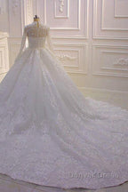Long High neck Appliques Lace Ball Gown Wedding Dresses with Sleeves