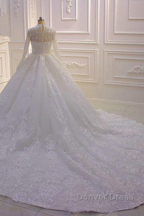 Long High neck Appliques Lace Ball Gown Wedding Dresses with Sleeves