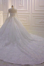 Long High neck Appliques Lace Ball Gowns Wedding Dresses with Sleeves