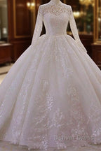 Long High neck Appliques Lace Ball Gown Wedding Dresses with Sleeves