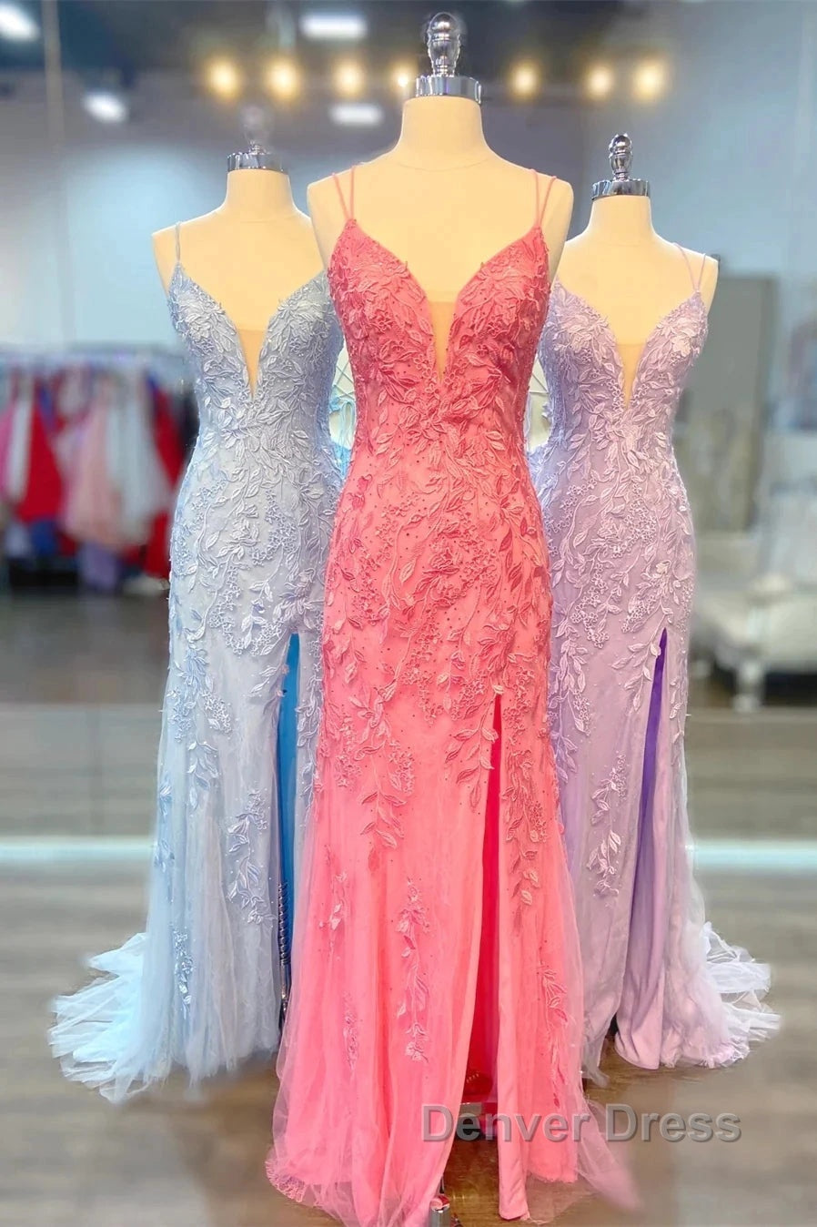 Long Lace Cheap Prom Dresses Straps Appliques Mermaid Lace Up Back Secondary image