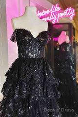 Long Light Blue Corset Lace Prom Gowns Tiered Tulle Formal Graduation Dress