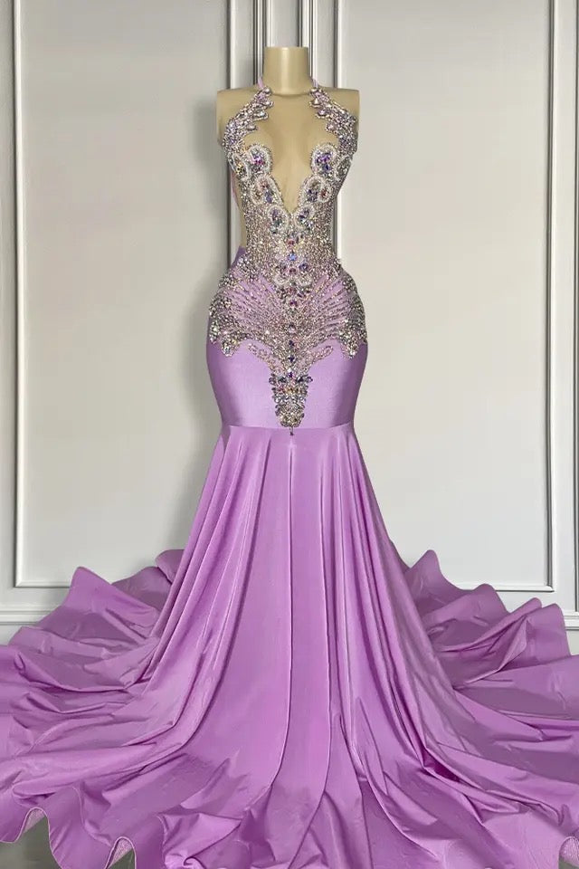Long Lilac Sleeveless Halter Mermaid Prom Dress With Beadings Main image