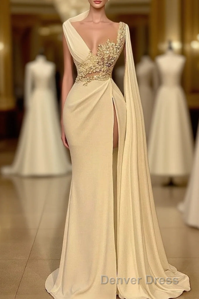 Long Mermaid Asymmetrical Ruffles Beading Satin Prom Dresses With High Slit Main image